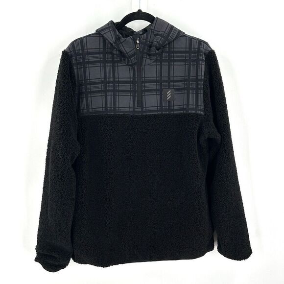 ADIDAS Men's Adicross Black Gray Plaid Sherpa Fleece Hooded Sweatshirt Medium - Picture 2 of 7